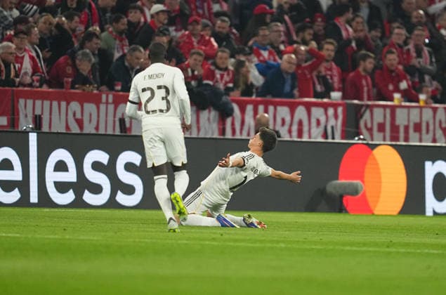 Arda Guler Real Madrid scores and celebrates his teams first goal during Bayern Munich and Real Madrid, UEFA Champions league Quarter Final UEFA Champions League, at Allianz Arena, Munich, Germany on April 15, 2026 Thor Wegner DeFodi Images Photo by DeFodi Images