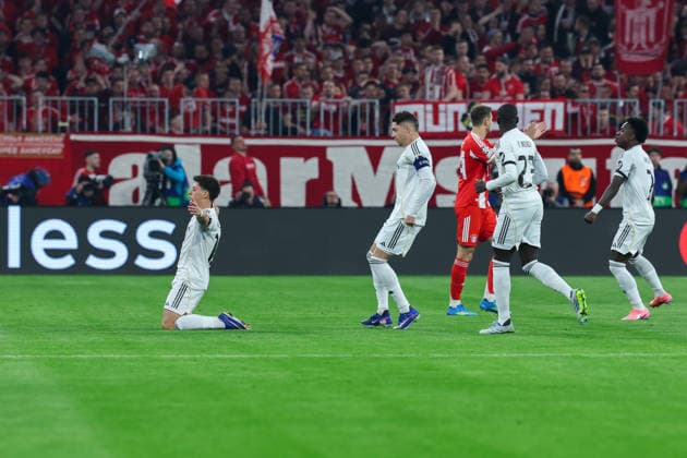 GER, CL Quarterfinal FC Bayern Muenchen GER vs Real Madrid ESP 15 04 2026, Allianz Arena, Munich, GER, CL Quarterfinal FC Bayern Muenchen GER vs Real Madrid ESP , in the picture picture shows goal celebration goal scorer goal scorer Arda Güler Arda Gueler Real Madrid 15 celebrates the goal to 0 1 nordphotoxGmbHx xSchneider nph00003