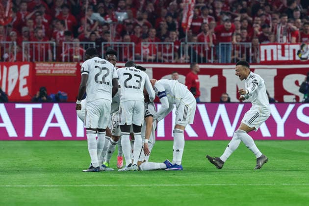 GER, CL Quarterfinal FC Bayern Muenchen GER vs Real Madrid ESP 15 04 2026, Allianz Arena, Munich, GER, CL Quarterfinal FC Bayern Muenchen GER vs Real Madrid ESP , in the picture picture shows goal celebration goal scorer goal scorer Arda Güler Arda Gueler Real Madrid 15 celebrates the goal to 0 1 nordphotoxGmbHx xSchneider nph00003