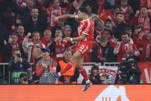 Soccer UEFA Champions League quarter-final second leg FC Bayern Munich Real Madrid on 15 04 2026 at the Allianz Arena in Munich Goal celebration to 1 1 by Aleksandar Pavlovic Munich xJRx