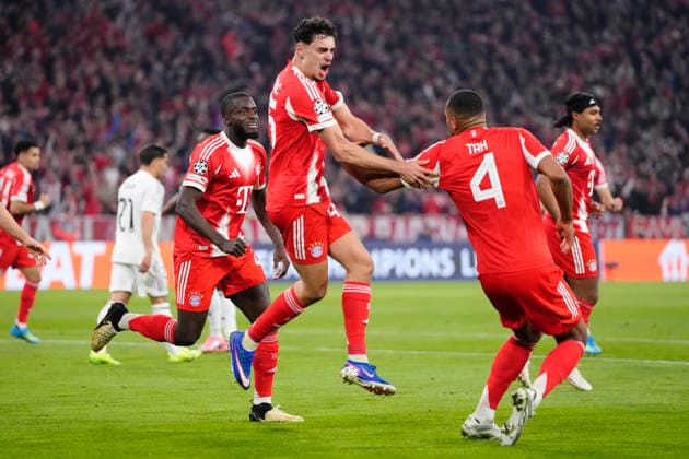FC Bayern München v Real Madrid CF - UEFA Champions League 2025 26 Quarter-Final Second Leg Aleksandar Pavlovic defensive midfield of Bayern Munchen and Germany celebrates after scoring his sides first goal during the UEFA Champions League 2025 26 Quarter-Final Second Leg match between FC Bayern München and Real Madrid CF at Football Arena Munich on April 15, 2026 in Munich, Germany. Munich Germany  Copyright: xJosexBretonx originalFilename:bretonhernandez-fcbayern260415_np55U.jpg