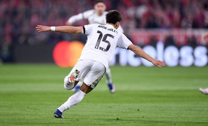 FOOTBALL CHAMPIONS LEAGUE SEASON 2025 2026 Quarter-final second leg 15 04 2026 FC Bayern Munich Real Madrid Real Madrid celebrate after the goal to 0 1, from left, goal scorer Arda Gueler