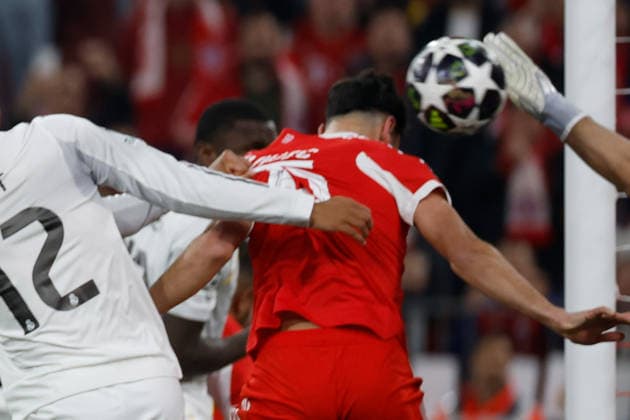 15 04 2026, xjrdrx, Football UEFA Champions League, FC Bayern Muenchen Real Madrid v l Aleksandar Pavlovic FC Bayern Muenchen Torschuetze, erzielt das Tor, Treffer, scores the goal 1 1 DFL DFB REGULATIONS PROHIBIT ANY USE OF PHOTOGRAPHS as IMAGE SEQUENCES and or QUASI VIDEO Muenchen