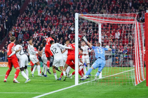 GER, CL quarter-final FC Bayern Muenchen GER vs Real Madrid ESP 15 04 2026, Allianz Arena, Munich, GER, CL quarter-final FC Bayern Muenchen GER vs Real Madrid ESP , picture shows goal to 1 1 by Aleksandar Pavlovic FC Bayern Muenchen 45 nordphotoxGmbHx xSchneider nph00003