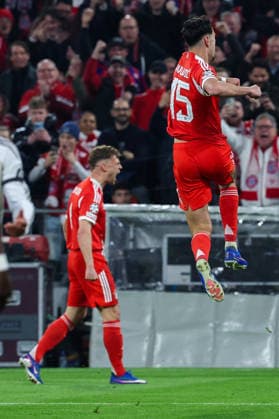 GER, CL Quarterfinal FC Bayern Muenchen GER vs Real Madrid ESP 15 04 2026, Allianz Arena, Munich, GER, CL Quarterfinal FC Bayern Muenchen GER vs Real Madrid ESP , in the picture picture shows goal celebration to 1 1 by Aleksandar Pavlovic FC Bayern Muenchen 45 nordphotoxGmbHx xSchneider nph00003