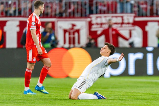 15 04 2026, FC Bayern München vs Real Madrid, UEFA Champions League, quarter-final second leg goal 0 1 by Arda Güler Real Madrid, 15 Regulations prohibit any use of photographs as image sequences and or quasi video Copyright: xBahhoxKarax