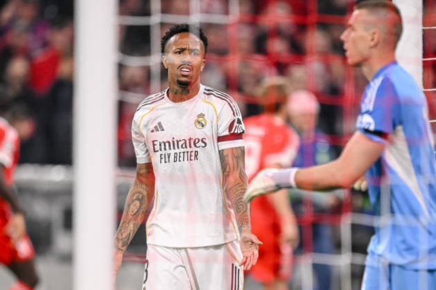 Eder Militae Real Madrid and goalkeeper Andriy Lunin Real Madrid gestures look dejected during the UEFA Champions League 2025 26 Quarter Final Second Leg match between FC Bayern München and Real Madrid CF at Football Arena Munich on April 15, 2026 in Munich, Germany Photo by Harry Langer DeFodi Images