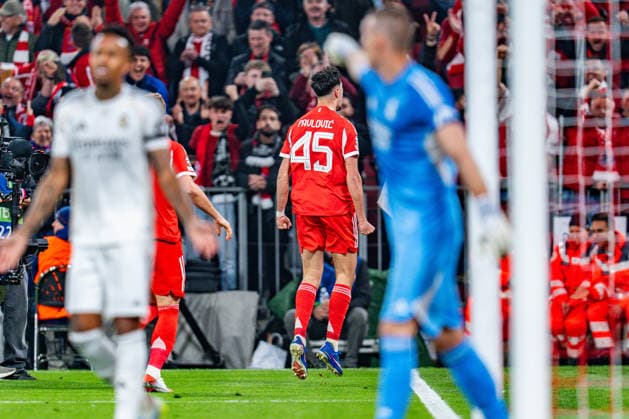 15 04 2026, FC Bayern München vs Real Madrid, UEFA Champions League, quarter-final second leg goal to 1 1 by Aleksandar Pavlovic FC Bayern Muenchen, 45 Regulations prohibit any use of photographs as image sequences and or quasi video Copyright: xBahhoxKarax