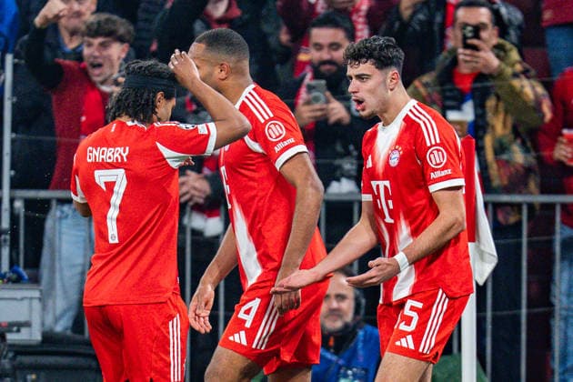 15 04 2026, FC Bayern München vs Real Madrid, UEFA Champions League, quarter-final second leg goal to 1 1 by Aleksandar Pavlovic FC Bayern Muenchen, 45 Regulations prohibit any use of photographs as image sequences and or quasi video Copyright: xBahhoxKarax