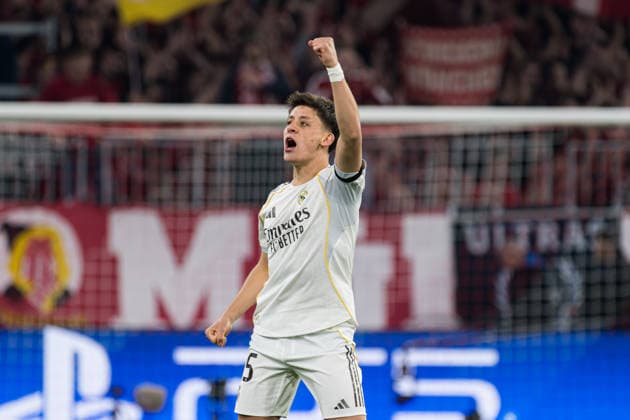 GER, Bavaria, Munich, Fussball, FC Bayern Munich - Real Madrid CF, at the Allianz Arena, Munich, Champions League, Quarter finals, second leg, April 15, 2026, from left: Arda Guler (Real Madrid CF, 15), Torjubel, Freude, Emotionen, Jubel, Feiern, Goal Scored, Celebrate, goal celebration, joy, emotions, celebration, cheering, goal scored, celebrate, im Portrait, Einzelbild, Freisteller, portrait, headshot, single image, cutout UEFA regulations prohibit any use of photographs as image sequences and or quasi-video, Munich Allianz Arena Bavaria Germany Copyright: xMichaelxNibelx