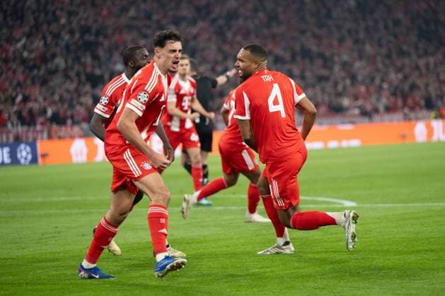 Goal celebration of Alexandar Pavlovic 45 FC Bayern Muenchen celebrates his goal for 1 1, FC Bayern Muenchen vs Real Madrid, Football, Champions League, Quarterfinal, 15 04 2026 Muenchen Bayern Germany Copyright: xkolbert-press MarkusxVerwimpx