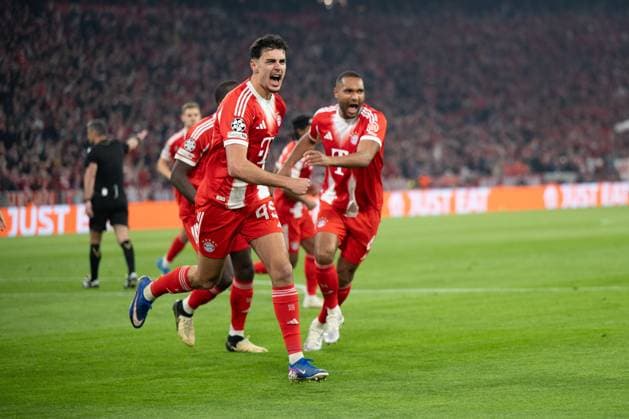 Goal celebration of Alexandar Pavlovic 45 FC Bayern Muenchen celebrates his goal for 1 1, FC Bayern Muenchen vs Real Madrid, Football, Champions League, Quarterfinal, 15 04 2026 Muenchen Bayern Germany Copyright: xkolbert-press MarkusxVerwimpx