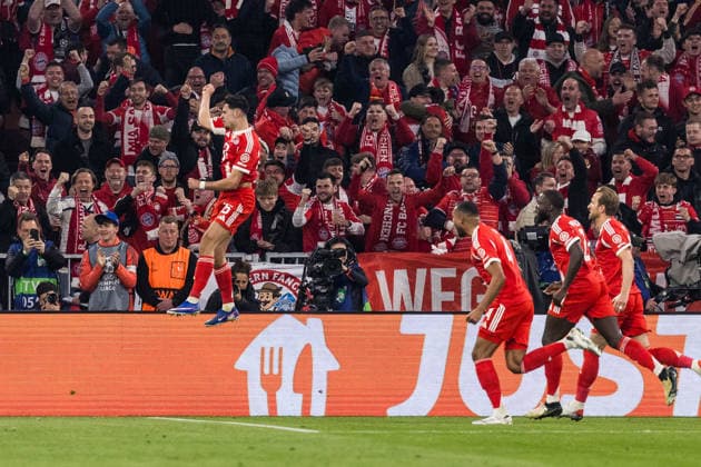 MUNICH, GERMANY - APRIL 15: Aleksandar Pavlovic (FC Bayern Muenchen, 45) celebrates scoring the 1:1 goal during the UEFA Champions League match between FC Bayern Muenchen vs. Real Madrid at Allianz Arena on the second leg of quarter finals of the UEFA Champions League on April 15, 2026 in Munich, Germany. Bavaria Germany Copyright: xSteffiexWunderlx