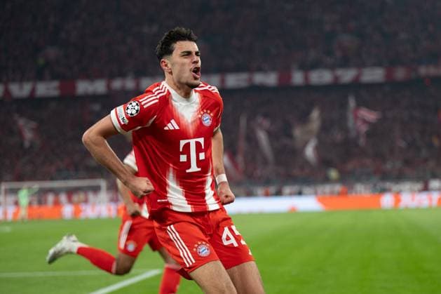 Goal celebration of Alexandar Pavlovic 45 FC Bayern Muenchen celebrates his goal for 1 1, FC Bayern Muenchen vs Real Madrid, Football, Champions League, Quarterfinal, 15 04 2026 Muenchen Bayern Germany Copyright: xkolbert-press MarkusxVerwimpx