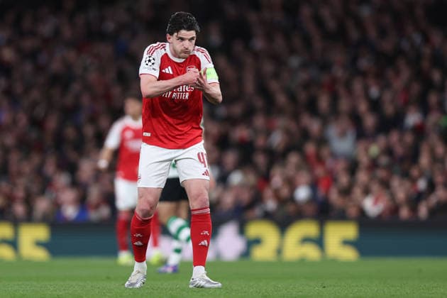 London, England, 15th April 2026. Declan Rice of Arsenal gestures to team mates during the Arsenal vs Sporting Lisbon UEFA Champions League quarter final 2nd leg match at the Emirates Stadium, London. Picture credit should read: David Klein Sportimage EDITORIAL USE ONLY. No use with unauthorised audio, video, data, fixture lists, club league logos or live services. Online in-match use limited to 120 images, no video emulation. No use in betting, games or single club league player publications. SPI_029_DK_Arsenal_Sporting_Lisbon SPI-4686-0029