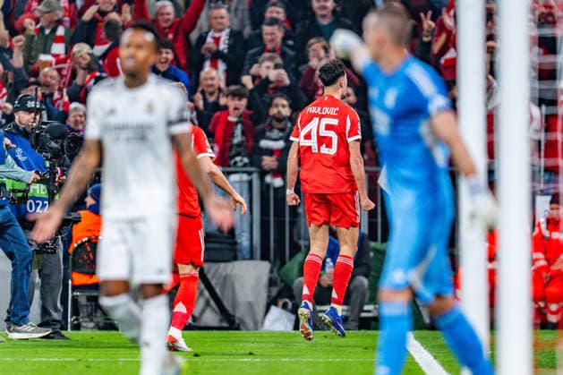 15 04 2026, FC Bayern München vs Real Madrid, UEFA Champions League, quarter-final second leg goal to 1 1 by Aleksandar Pavlovic FC Bayern Muenchen, 45 Regulations prohibit any use of photographs as image sequences and or quasi video Copyright: xBahhoxKarax