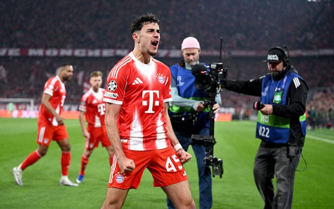 FOOTBALL CHAMPIONS LEAGUE SEASON 2025 2026 Quarter-final second leg 15 04 2026 FC Bayern Muenchen Real Madrid FC Bayern Muenchen celebrating after the goal to make it 1 1, goal scorer Aleksandar Pavlovic