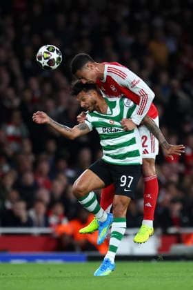 Arsenal FC v Sporting Clube de Portugal - UEFA Champions League 2025 26 Quarter-Final Second Leg William Saliba of Arsenal and Luis Suarez of Sporting Clube de Portugal challenge during the UEFA Champions League 2025 26 Quarter-Final Second Leg match between Arsenal FC and Sporting Clube de Portugal at Arsenal Stadium on April 15, 2026 in London, England. WARNING! This Photograph May Only Be Used For Newspaper And Or Magazine Editorial Purposes. May Not Be Used For Publications Involving 1 player, 1 Club Or 1 Competition Without Written Authorisation From Football DataCo Ltd. For Any Queries, Please Contact Football DataCo Ltd on +44 (0) 207 864 9121 London Arsenal Stadium England United Kingdom Copyright: xAllstarxPicturexLibraryxLtdx
