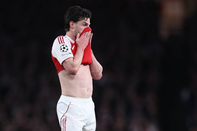 London, England, 15th April 2026. Declan Rice of Arsenal reacts during the Arsenal vs Sporting Lisbon UEFA Champions League quarter final 2nd leg match at the Emirates Stadium, London. Picture credit should read: David Klein Sportimage EDITORIAL USE ONLY. No use with unauthorised audio, video, data, fixture lists, club league logos or live services. Online in-match use limited to 120 images, no video emulation. No use in betting, games or single club league player publications. SPI_032_DK_Arsenal_Sporting_Lisbon SPI-4686-0032