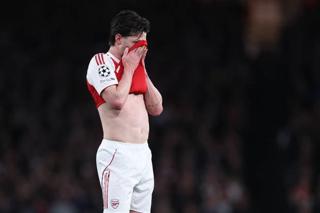 London, England, 15th April 2026. Declan Rice of Arsenal reacts during the Arsenal vs Sporting Lisbon UEFA Champions League quarter final 2nd leg match at the Emirates Stadium, London. Picture credit should read: David Klein Sportimage EDITORIAL USE ONLY. No use with unauthorised audio, video, data, fixture lists, club league logos or live services. Online in-match use limited to 120 images, no video emulation. No use in betting, games or single club league player publications. SPI_033_DK_Arsenal_Sporting_Lisbon SPI-4686-0033