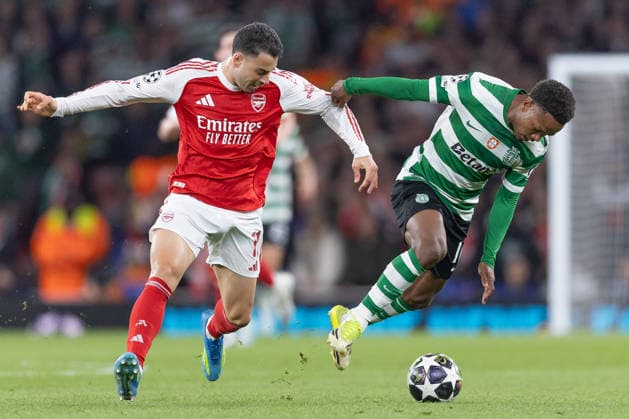 Arsenal FC v Sporting CP, UEFA Champions League, Quarter-final, Leg 2 of 2, Football, Emirates Stadium, London, UK - 15 Apr 2026 Gabriel Martinelli of Arsenal FC (11) pressures Geny Catamo of Sporting CP (10) London Emirates Stadium Highbury GBR, UK NEWSPAPERS OUT Copyright: xEllixBirchx