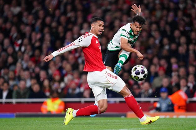 UEFA Champions League Quarter Finals Arsenal v Sporting CP Luis Suarez of Sporting CP shoots wide during the UEFA Champions League Quarter Finals match Arsenal vs Sporting CP at Arsenal stadium, London, United Kingdom on 15 April 2026 (Photo by Harvey Murphy News Images) Copyright: xHarveyxMurphy NewsxImagesx