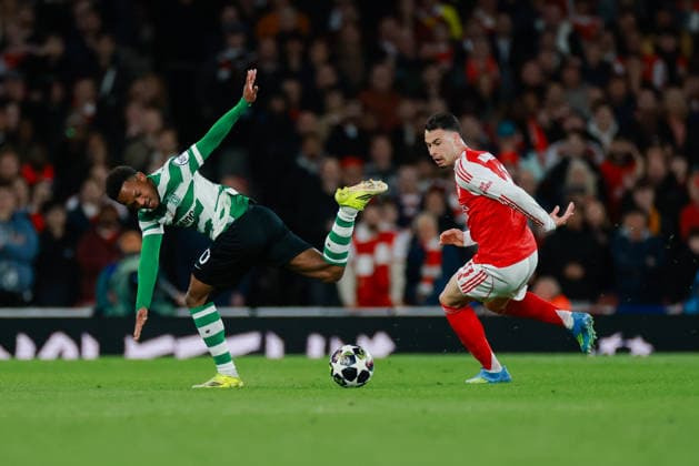 Champions League 2025 26 Quarter Final 2nd Leg Arsenal v Sporting CP Emirates Stadium 15.04.2026 Gabriel Martinelli of Arsenal and Geny Catamo of Sporting SP Champions League 2025 26 Quarter Final 2nd Leg Arsenal v Sporting CP Emirates Stadium 15.04.2026 Photograph By Marc Aspland The Times  Copyright: xMarcxAsplandx NINTCHDBPICT001073754879
