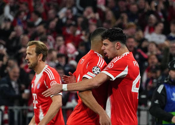 Aleksandar Pavlovic Bayern Munich scores and celebrates his teams first goal during Bayern Munich and Real Madrid, UEFA Champions league Quarter Final UEFA Champions League, at Allianz Arena, Munich, Germany on April 15, 2026 Thor Wegner DeFodi Images Photo by DeFodi Images