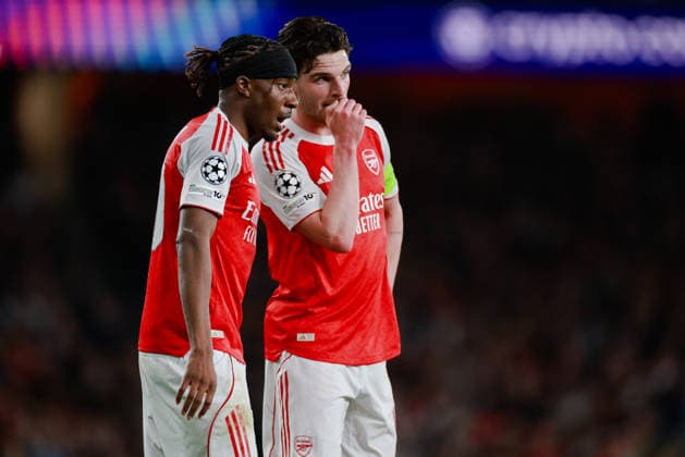 Champions League 2025 26 Quarter Final 2nd Leg Arsenal v Sporting CP Emirates Stadium 15.04.2026 Noni Madueke of Arsenal and Declan Rice of Arsenal Champions League 2025 26 Quarter Final 2nd Leg Arsenal v Sporting CP Emirates Stadium 15.04.2026 Photograph By Marc Aspland The Times  Copyright: xMarcxAsplandx NINTCHDBPICT001073755309