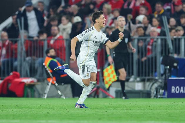 GER, CL Quarterfinal FC Bayern Muenchen GER vs Real Madrid ESP 15 04 2026, Allianz Arena, Munich, GER, CL Quarterfinal FC Bayern Muenchen GER vs Real Madrid ESP , in the picture picture shows goal celebration to 1 2 by Arda Güler Arda Gueler Real Madrid 15 nordphotoxGmbHx xSchneider nph00003