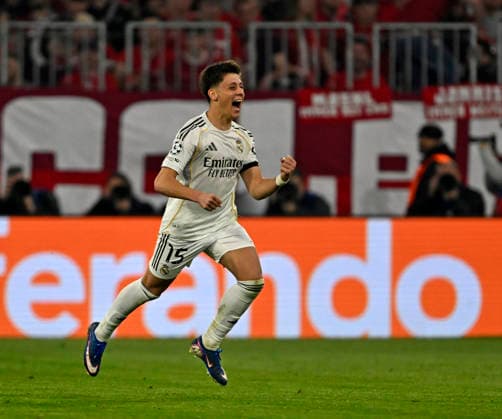 15 04 2026, Football UEFA Championsleague 2025 2026 quarter-final second leg, FC Bayern Munich Real Madrid, in the Allianz Arena Munich, Arda Güler Real Madrid cheers DFL and DFB regulations prohibit any use of photographs as image sequences and or quasi video