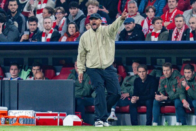 15 04 2026, FC Bayern München vs Real Madrid, UEFA Champions League, quarter-final second leg Vincent Kompany FC Bayern Muenchen,Trainer Regulations prohibit any use of photographs as image sequences and or quasi video Copyright: xBahhoxKarax