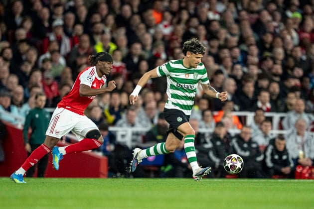 LONDON, ENGLAND - APRIL 15: Maximiliano Araujo of Sporting CP and Noni Madueke of Arsenal fight for possession during a UEFA Champions League 2025-26 match between Arsenal and Sporting CP at Emirates Stadium on April 15, 2026 in London, England. (Photo by Pedro Loureiro Sports Press Photo)  Copyright: xPedroxLoureiro SportsxPressxPhotx Sportspressphoto_SPR130406