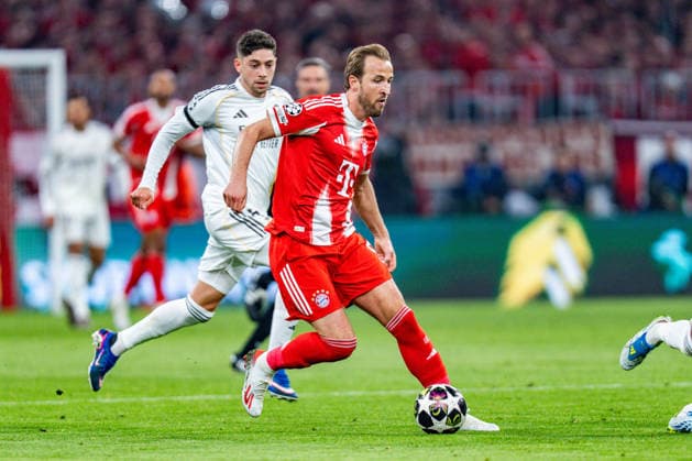 15 04 2026, FC Bayern München vs Real Madrid, UEFA Champions League, quarter-final second leg Harry Kane FC Bayern Muenchen, 9 Regulations prohibit any use of photographs as image sequences and or quasi video Copyright: xBahhoxKarax