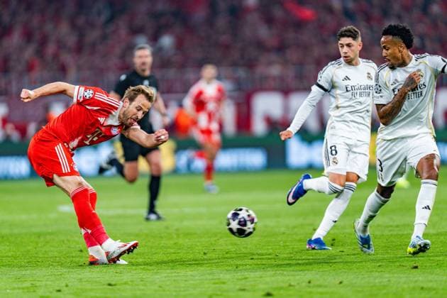 15 04 2026, FC Bayern München vs Real Madrid, UEFA Champions League, quarter-final second leg Harry Kane FC Bayern Muenchen, 9 Regulations prohibit any use of photographs as image sequences and or quasi video Copyright: xBahhoxKarax