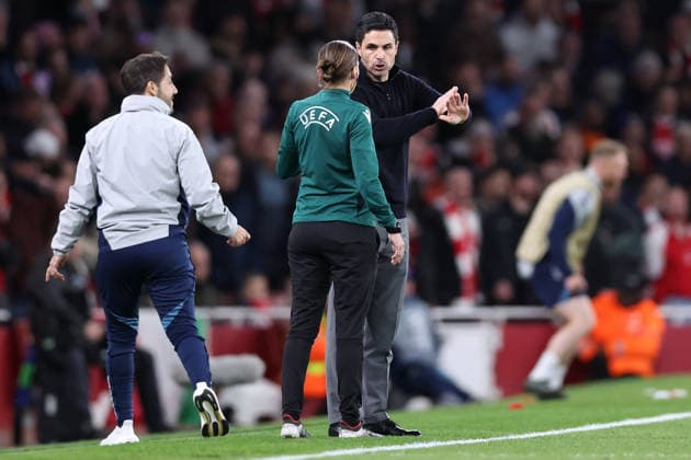 London, England, 15th April 2026. Mikel Arteta manager of Arsenal talks with fourth official Stephanie Frappart during the Arsenal vs Sporting Lisbon UEFA Champions League quarter final 2nd leg match at the Emirates Stadium, London. Picture credit should read: David Klein Sportimage EDITORIAL USE ONLY. No use with unauthorised audio, video, data, fixture lists, club league logos or live services. Online in-match use limited to 120 images, no video emulation. No use in betting, games or single club league player publications. SPI_040_DK_Arsenal_Sporting_Lisbon SPI-4686-0040