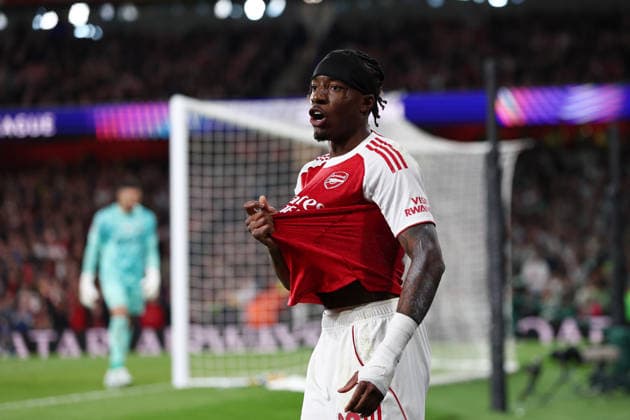 London, England, 15th April 2026. Noni Madueke of Arsenal reacts during the Arsenal vs Sporting Lisbon UEFA Champions League quarter final 2nd leg match at the Emirates Stadium, London. Picture credit should read: David Klein Sportimage EDITORIAL USE ONLY. No use with unauthorised audio, video, data, fixture lists, club league logos or live services. Online in-match use limited to 120 images, no video emulation. No use in betting, games or single club league player publications. SPI_042_DK_Arsenal_Sporting_Lisbon SPI-4686-0042