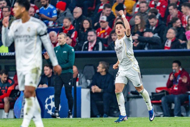 15 04 2026, FC Bayern München vs Real Madrid, UEFA Champions League, quarter-final second leg goal to 1 2 by Arda Güler Real Madrid, 15 Regulations prohibit any use of photographs as image sequences and or quasi video Copyright: xBahhoxKarax