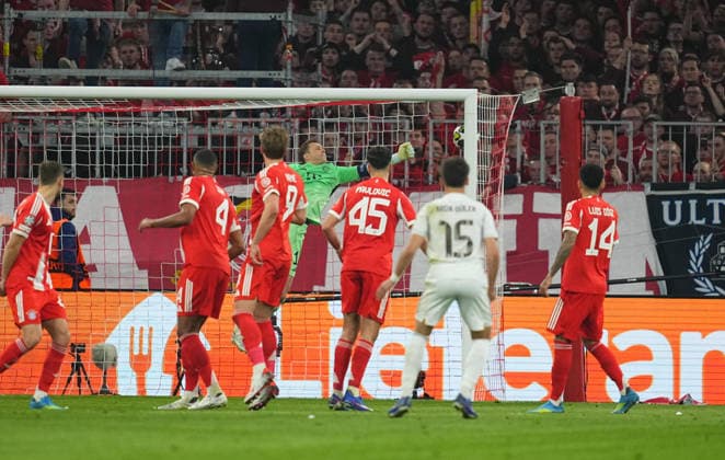 Arda Guler Real Madrid scores and celebrates his teams second goal during Bayern Munich and Real Madrid, UEFA Champions league Quarter Final UEFA Champions League, at Allianz Arena, Munich, Germany on April 15, 2026 Thor Wegner DeFodi Images Photo by DeFodi Images