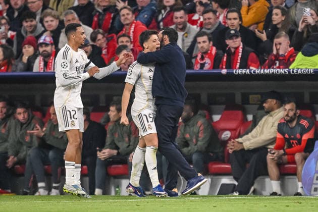 Arda Güler Real Madrid celebrates after scoring his team s second goal with teammates during the UEFA Champions League 2025 26 Quarter Final Second Leg match between FC Bayern München and Real Madrid CF at Football Arena Munich on April 15, 2026 in Munich, Germany Photo by Harry Langer DeFodi Images