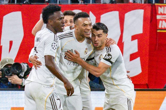 15.04.2026, FC Bayern München vs. Real Madrid, UEFA Champions League, Viertelfinale-Rückspiel Tor zum 2:3 durch Kylian Mbappe (Real Madrid, 9) Regulations prohibit any use of photographs as image sequences and or quasi video *** 15 04 2026, FC Bayern München vs Real Madrid, UEFA Champions League, quarter-final second leg goal to 2 3 by Kylian Mbappe Real Madrid, 9 Regulations prohibit any use of photographs as image sequences and or quasi video Copyright: xBahhoxKarax