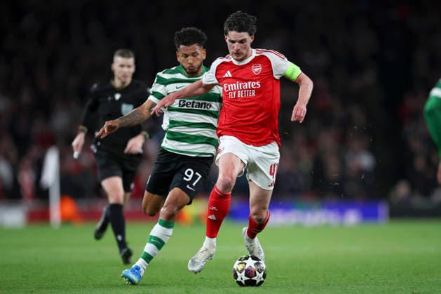 Arsenal FC v Sporting Clube de Portugal - UEFA Champions League 2025 26 Quarter-Final Second Leg Luis Suarez of Sporting Clube de Portugal and Declan Rice of Arsenal challenge during the UEFA Champions League 2025 26 Quarter-Final Second Leg match between Arsenal FC and Sporting Clube de Portugal at Arsenal Stadium on April 15, 2026 in London, England. WARNING! This Photograph May Only Be Used For Newspaper And Or Magazine Editorial Purposes. May Not Be Used For Publications Involving 1 player, 1 Club Or 1 Competition Without Written Authorisation From Football DataCo Ltd. For Any Queries, Please Contact Football DataCo Ltd on +44 (0) 207 864 9121 London Arsenal Stadium England United Kingdom Copyright: xAllstarxPicturexLibraryxLtdx