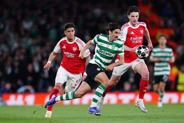 UEFA Champions League Quarter Finals Arsenal v Sporting CP Trincao of Sporting CP and Declan Rice of Arsenal battle during the UEFA Champions League Quarter Finals match Arsenal vs Sporting CP at Arsenal stadium, London, United Kingdom on 15 April 2026 (Photo by Harvey Murphy News Images) Copyright: xHarveyxMurphy NewsxImagesx