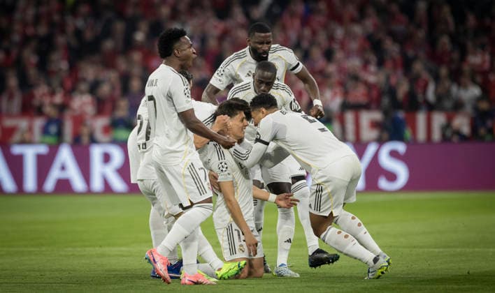 Munich, Germany 15th Apr 2026 Goal celebration Arda Güler Madrid Vinicius Junior Madrid Jude Bellingham Madrid Ferland Mendy Madrid Antonio Rüdiger Madrid FC Bayern Munich Real Madrid 15 04 2026