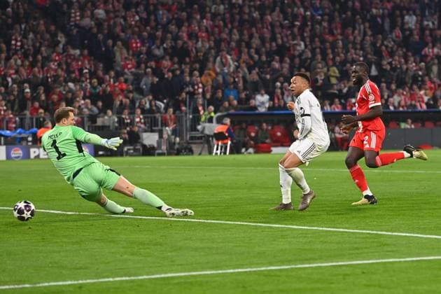 Goal Kylian MBAPPE Real Madrid to 2 3, Action,Goal kick against Manuel NEW Goalkeeper Bayern Muenchen ,re Dayot UPAMECANO Bayern Muenchen penalty area scene after goal to 2 3,Cheering,Joy,Enthusiasm, Action Football Champions League,Season 2025 26, Quarterfinal FC Bayern Muenchen Real Madrid on 15 04 2026 A L L I A N Z A R E N A