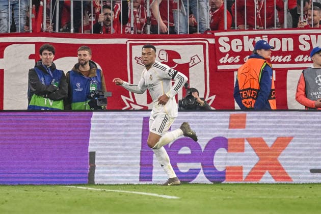 Kylian Mbappe Real Madrid celebrates after scoring his team s third goal during the UEFA Champions League 2025 26 Quarter Final Second Leg match between FC Bayern München and Real Madrid CF at Football Arena Munich on April 15, 2026 in Munich, Germany Photo by Harry Langer DeFodi Images
