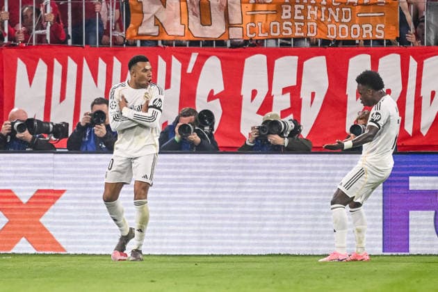 Kylian Mbappe Real Madrid celebrates after scoring his team s third goal with teammates during the UEFA Champions League 2025 26 Quarter Final Second Leg match between FC Bayern München and Real Madrid CF at Football Arena Munich on April 15, 2026 in Munich, Germany Photo by Harry Langer DeFodi Images