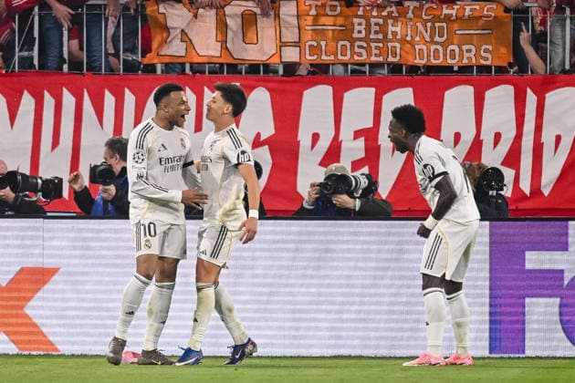 Kylian Mbappe Real Madrid celebrates after scoring his team s third goal with teammates during the UEFA Champions League 2025 26 Quarter Final Second Leg match between FC Bayern München and Real Madrid CF at Football Arena Munich on April 15, 2026 in Munich, Germany Photo by Harry Langer DeFodi Images