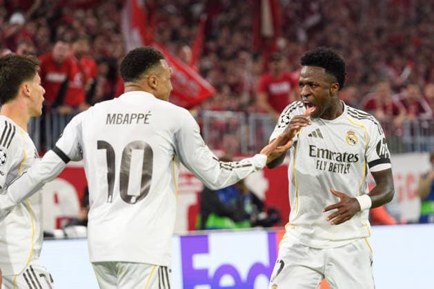 Bayern Munich v Real Madrid UEFA Champions League 2025 26 MUNICH, GERMANY APRIL 15 Kylian Mbappe 10 Real Madrid and Vinicius Junior 7 Real Madrid celebrating the third goal during a UEFA Champions League 2025 26 match between Bayern Munich and Real Madrid in Munich on April 15, 2026 Photo by Sven Beyrich Sports Press Photo Bayern Munich v Real Madrid UEFA Champions League 2025 26 Copyright: xSvenxBeyrich SportsxPressxPhoto x