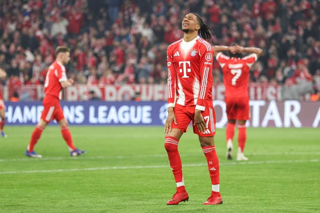 Michael Olise FC Bayern Munich looks dejected during the UEFA Champions League 2025 26 Quarter Final Second Leg match between FC Bayern Munich and Real Madrid CF at Football Arena Munich on April 15, 2026 in Munich, Germany Photo by Oliver Kaelke DeFodi Images